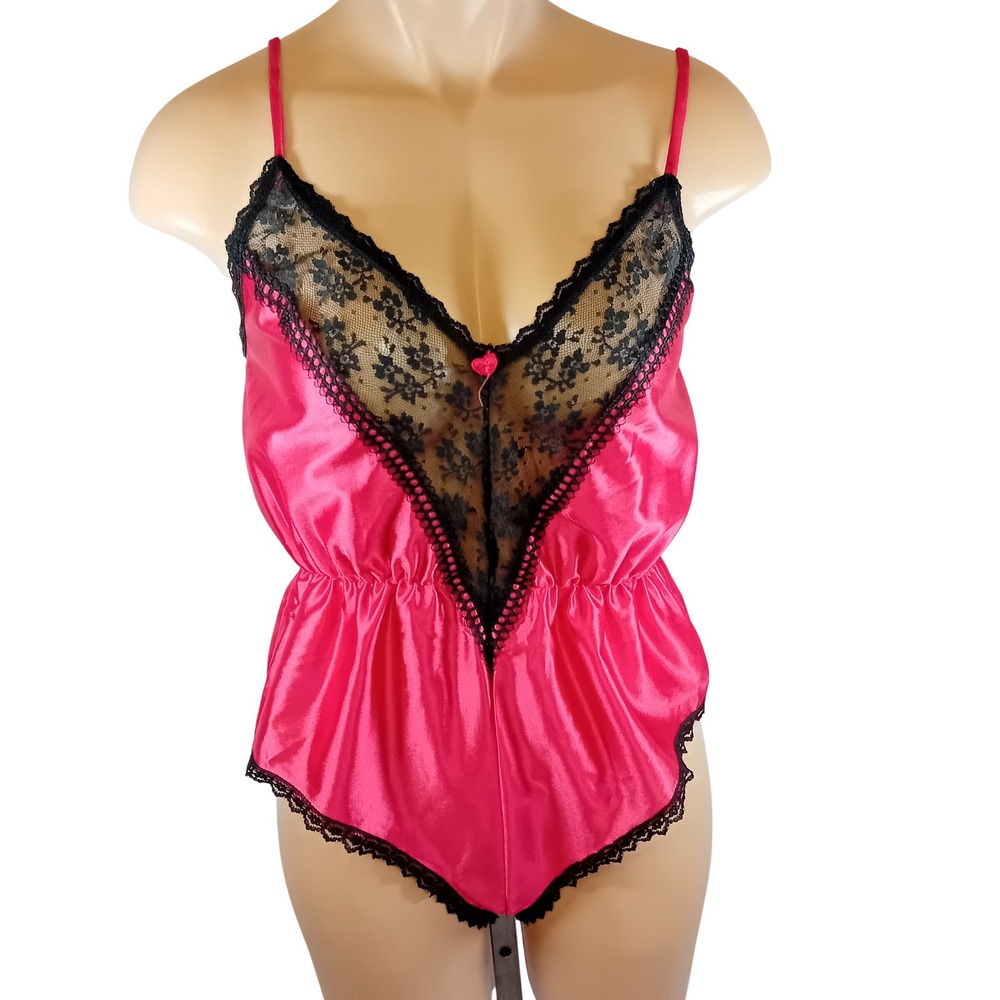 Vintage 80s Symmetry Fashion Teddy Lingerie Red Lace Satin Sexy Bodysuit Fit M/L
